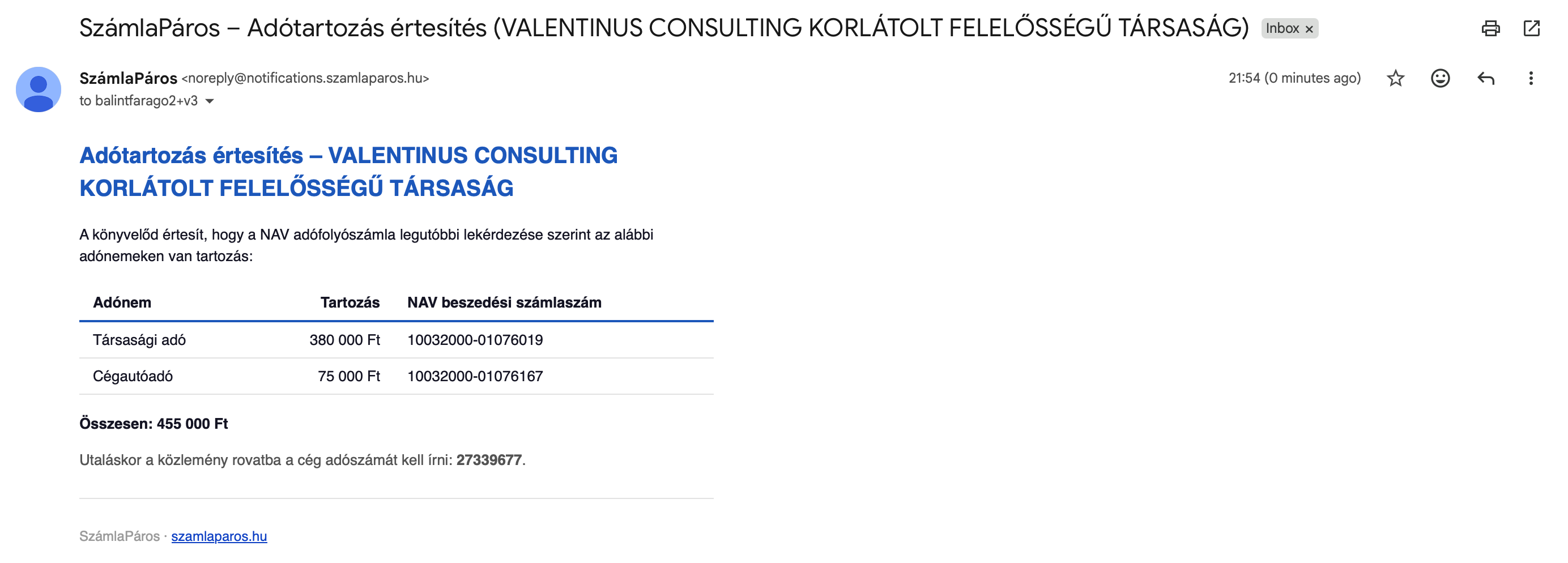 Ügyfél értesítése adótartozásról a SzámlaPáros Adóügyek oldalán