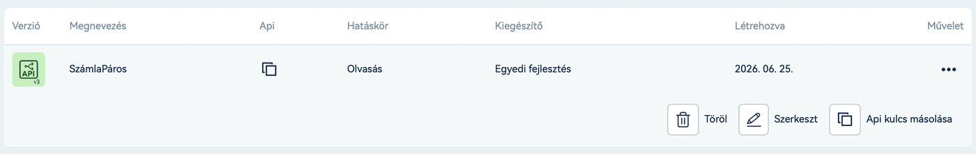 Api kulcs másolása a Billingo API kulcsok listájában