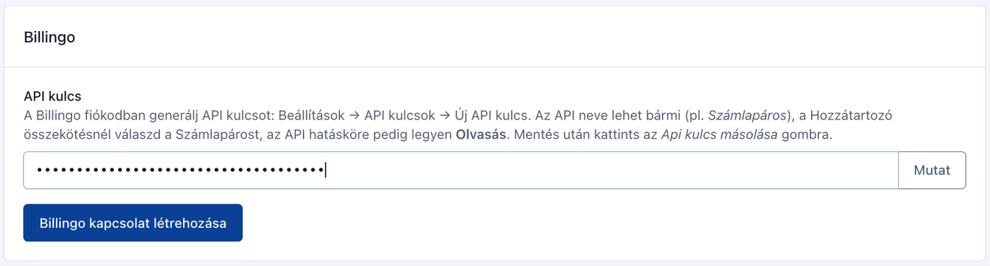 A Billingo API kulcs megadása a SzámlaPárosban