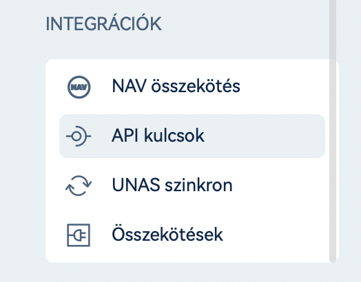 API kulcsok menüpont a Billingo Integrációk menüjében
