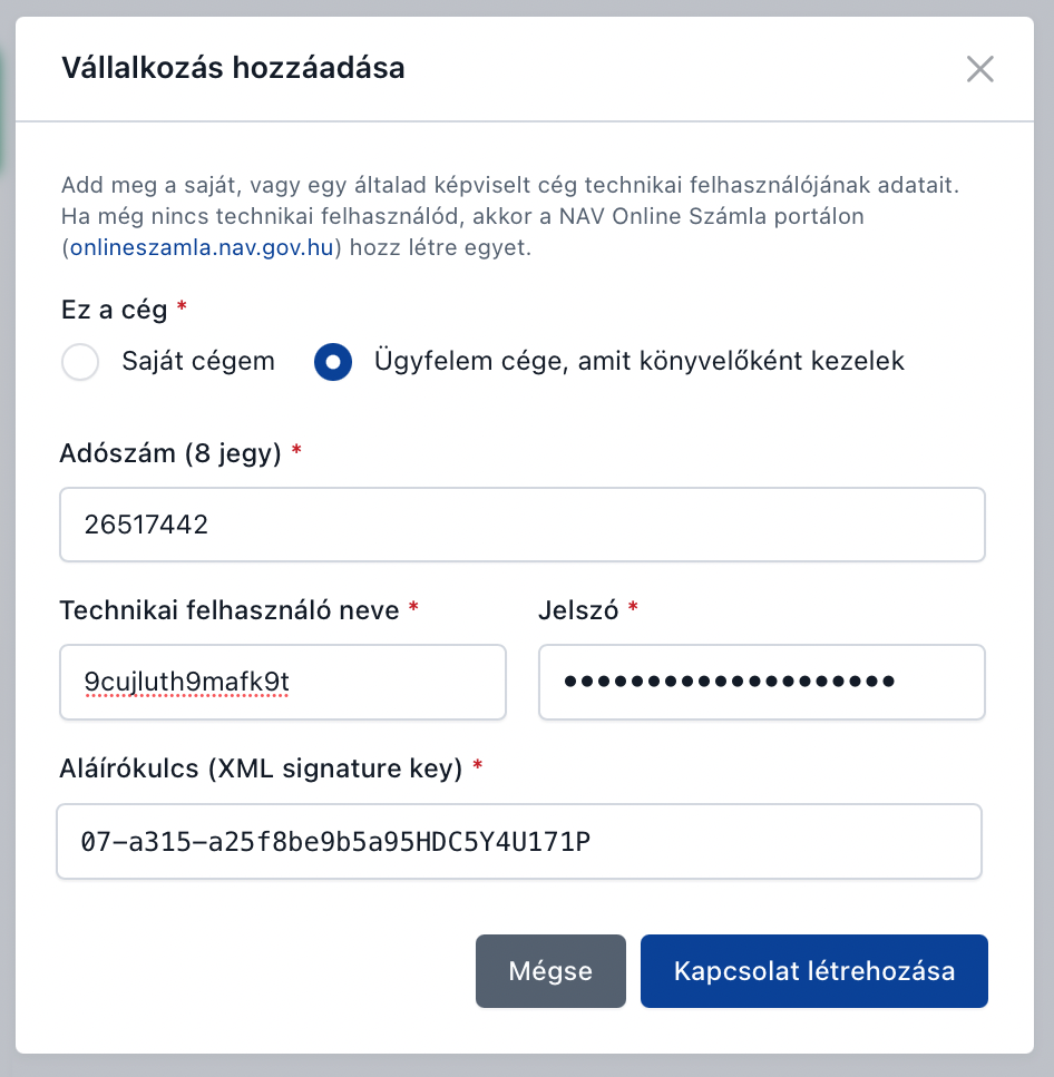 Vállalkozás hozzáadása modal a SzámlaPárosban