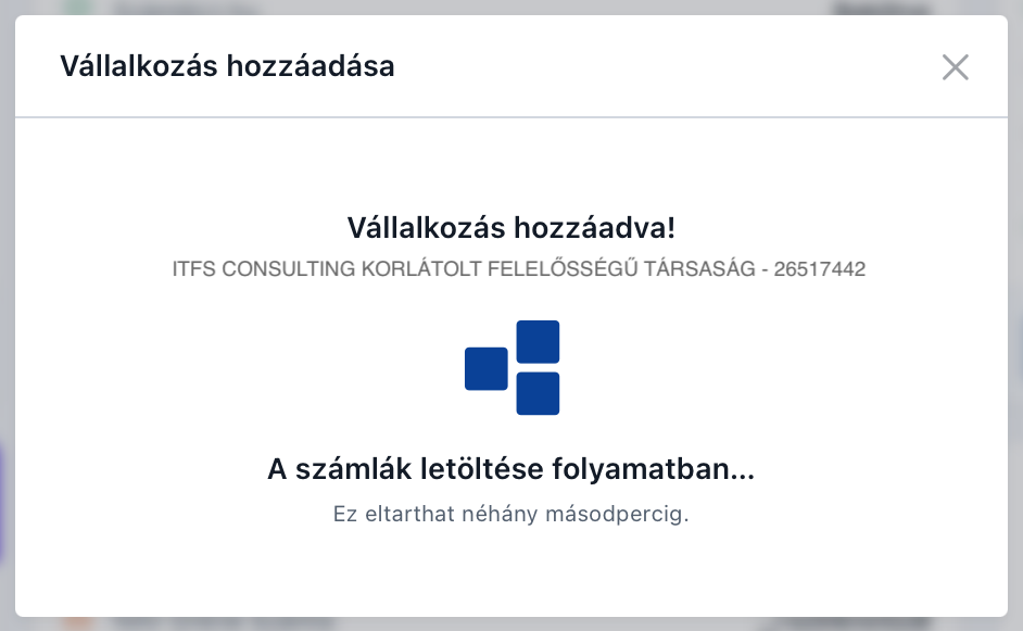 A számlák letöltése folyamatban a Vállalkozás hozzáadása modalban