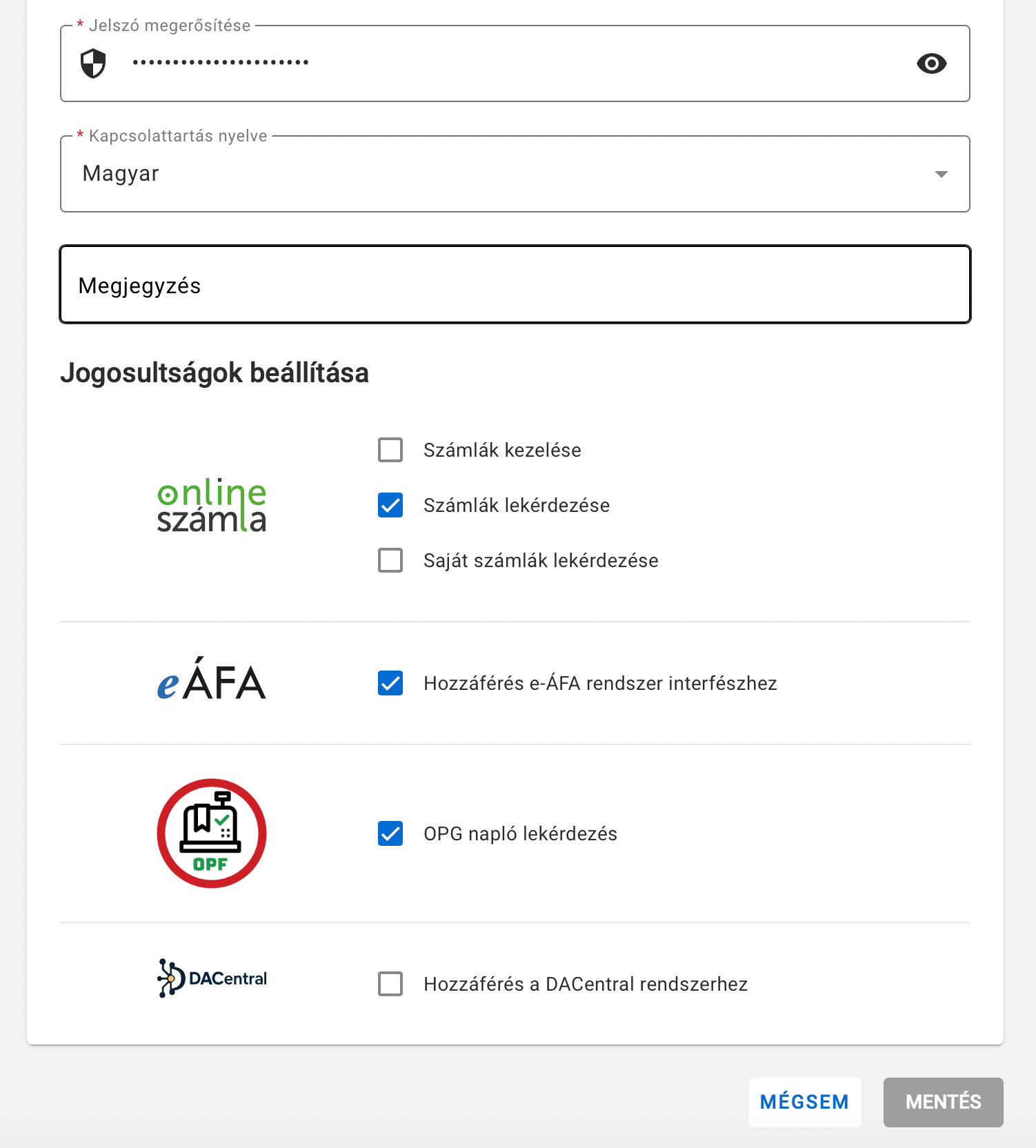 Jogosultságok beállítása: Számlák lekérdezése, e-ÁFA, OPG napló lekérdezés