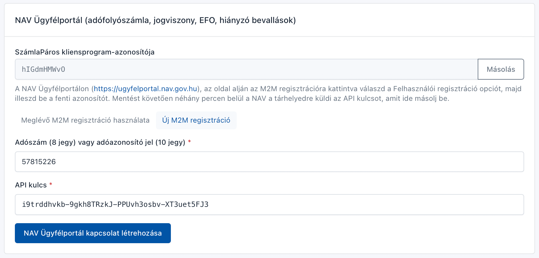 API kulcs megadása a SzámlaPáros NAV Ügyfélportál kártyáján