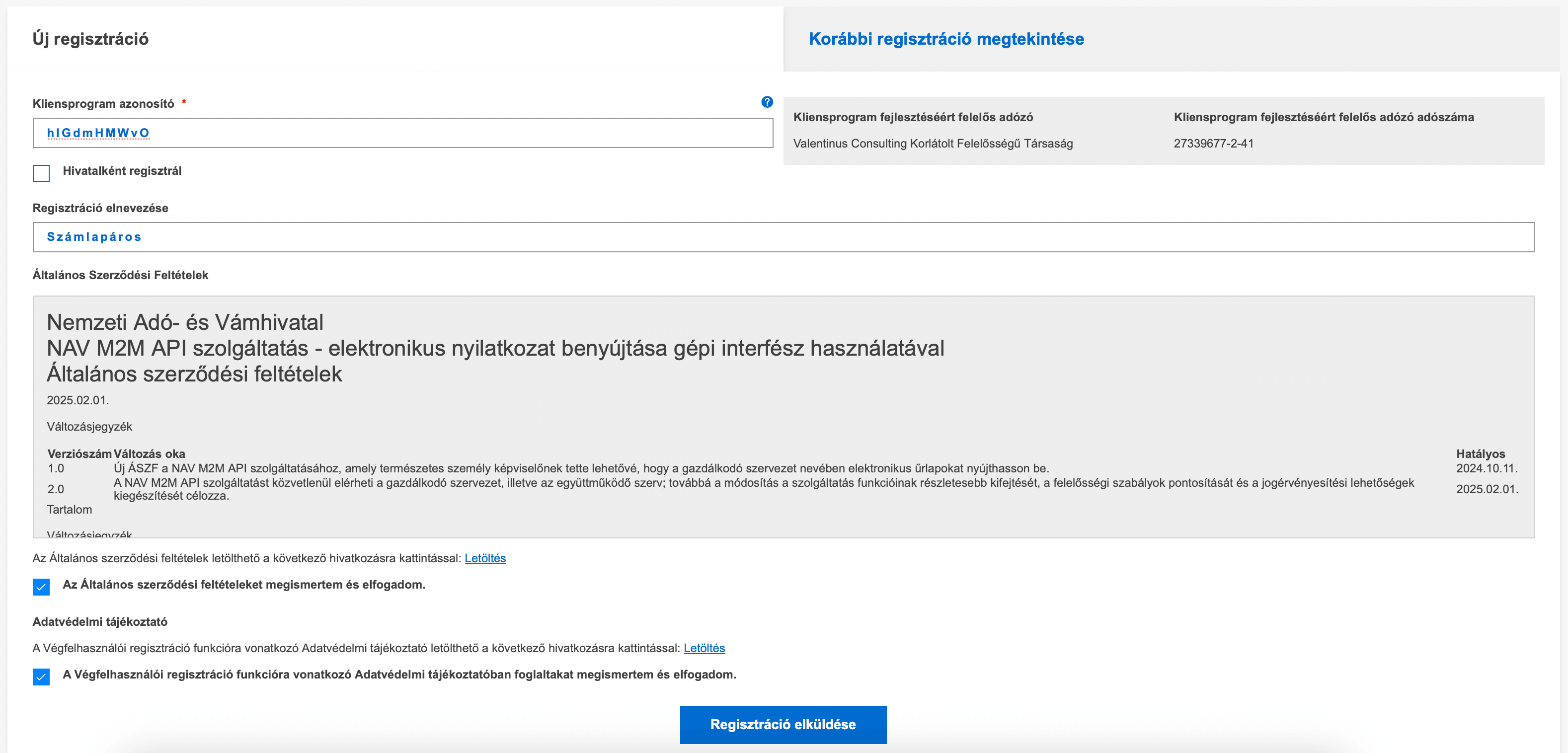 Új regisztráció létrehozása a kliensprogram-azonosítóval a NAV Ügyfélportálon