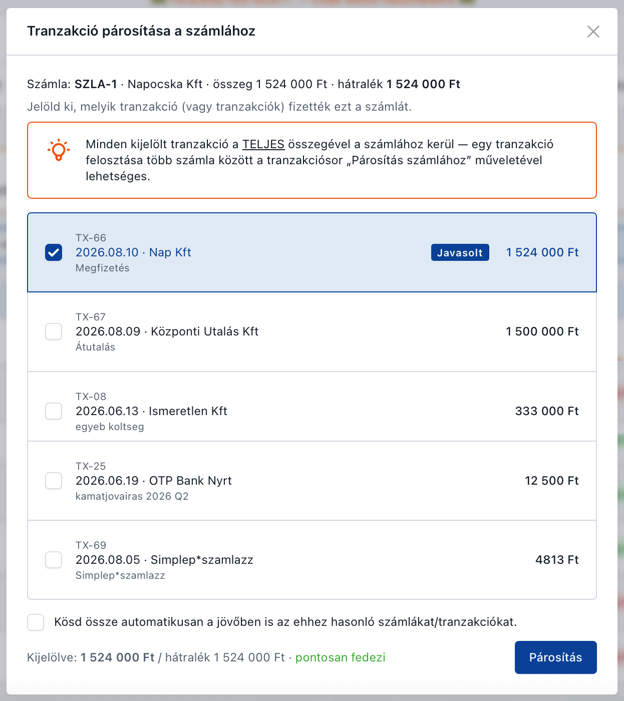 Tranzakció párosítása a számlához — a rendszer által javasolt, legvalószínűbb jelölttel kiemelve