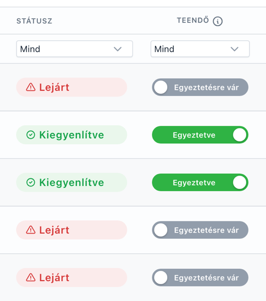 A Teendő kapcsoló két állása: szürke „Egyeztetésre vár” és zöld „Egyeztetve”