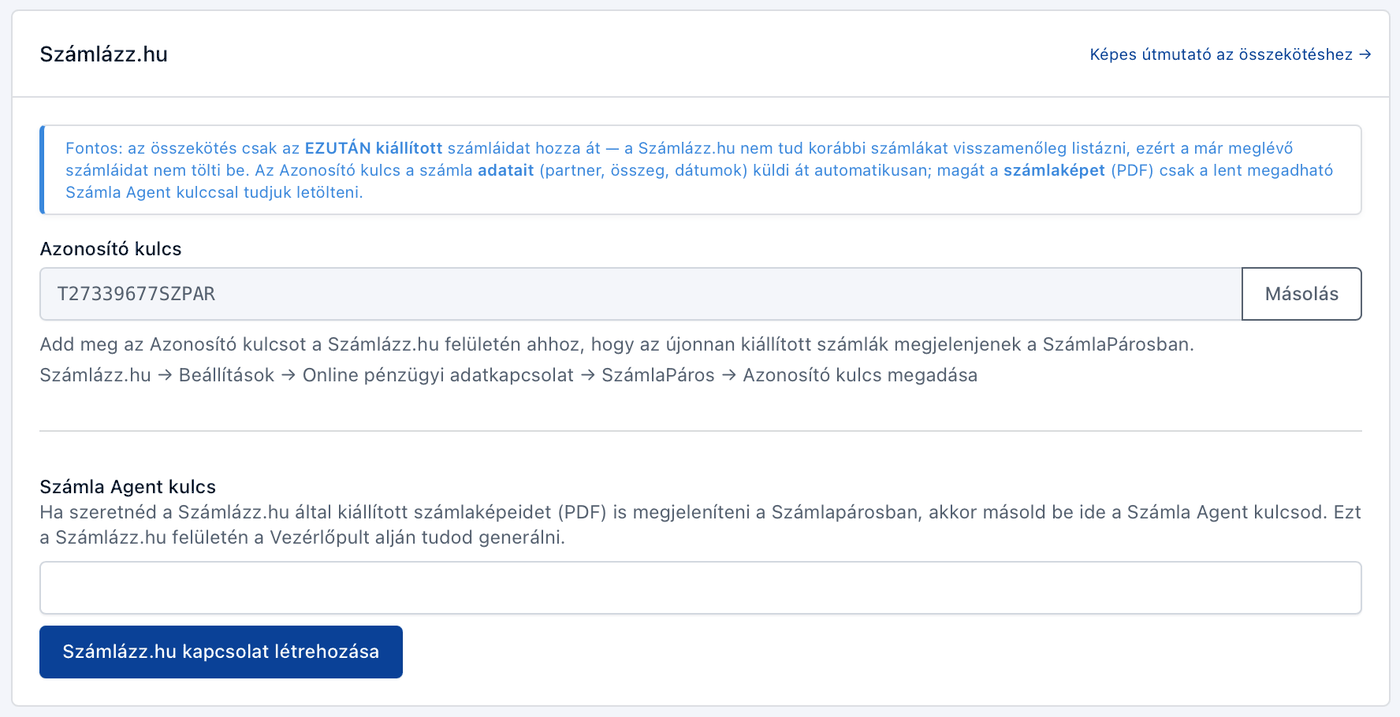 Az Azonosító kulcs a SzámlaPáros Számlázórendszerek oldalán