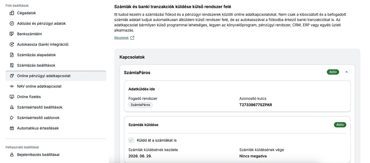 Online pénzügyi adatkapcsolat beállítása a Számlázz.hu felületén