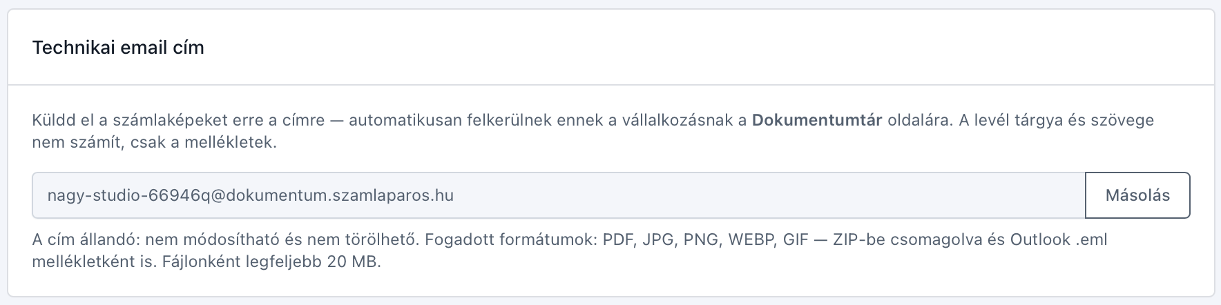 A technikai email cím a Vállalkozás beállításai oldalon